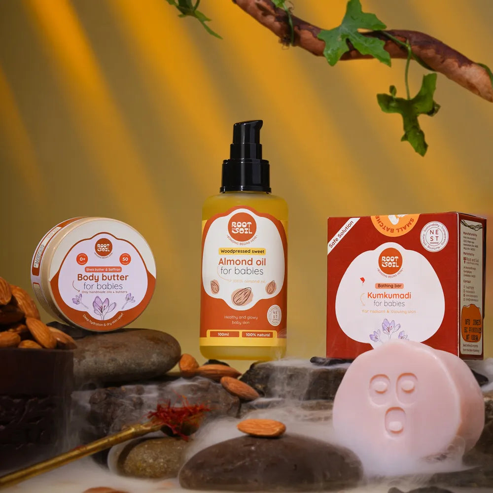 Baby Even Skin Tone Combo - Almond oil 100ml + Kumkumadi bathing bar 100g + Body butter saffron 50g