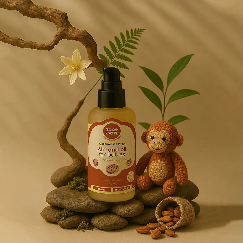 Root and Soil Wood-Pressed Sweet Almond Oil 100ml – pure baby oil for skin and hair