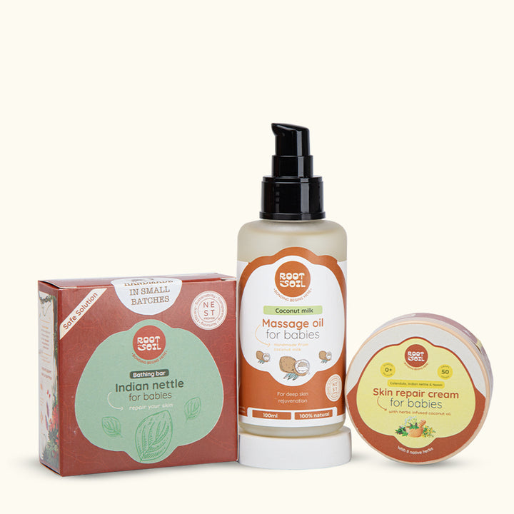 Baby Skin Repair Combo (Coconut Massage Oil Classic 100ml + Indian Nettle Bathing Bar 100g + Skin Repair Cream 50g)