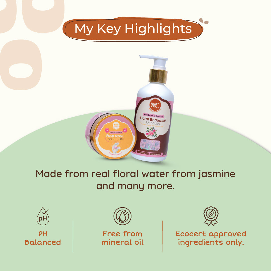 Petal Kissed Baby combo - Floral Baby Head-to-Toe Wash + Pink Lotus Face Cream Combo | 0m - 8y
