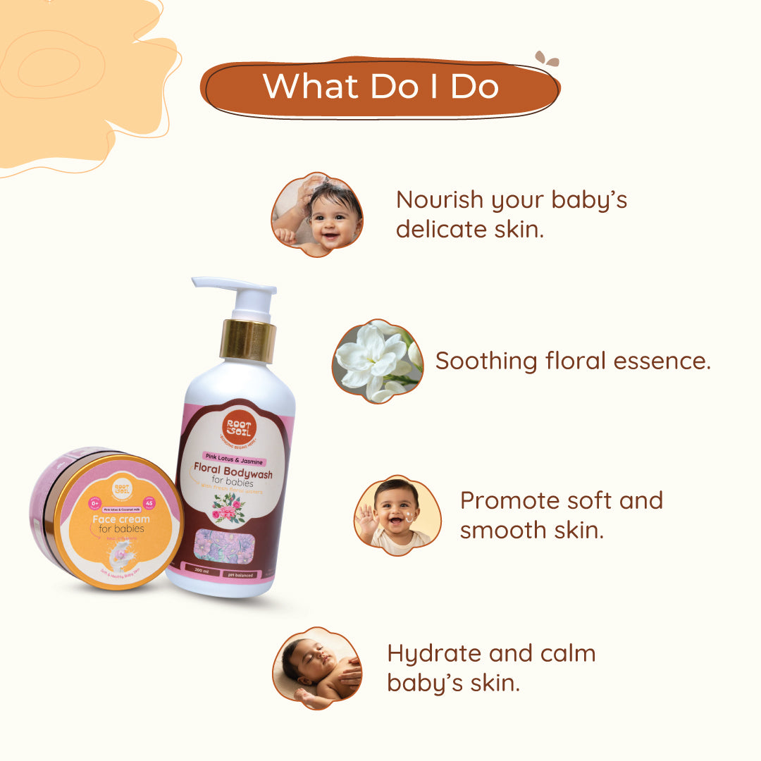 Petal Kissed Baby combo - Floral Baby Head-to-Toe Wash + Pink Lotus Face Cream Combo | 0m - 8y