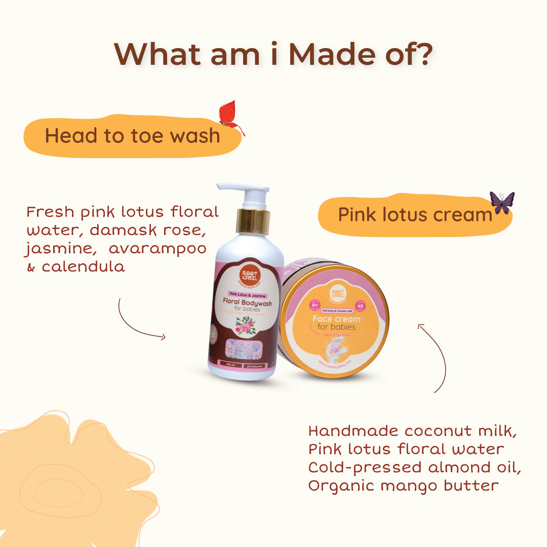 Petal Kissed Baby combo - Floral Baby Head-to-Toe Wash + Pink Lotus Face Cream Combo | 0m - 8y