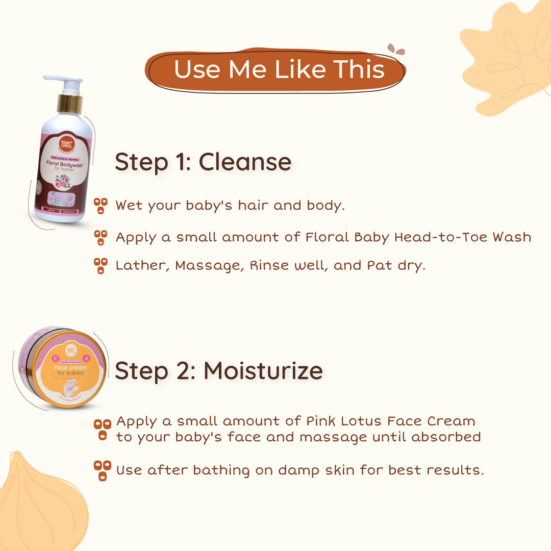Petal Kissed Baby combo - Floral Baby Head-to-Toe Wash + Pink Lotus Face Cream Combo | 0m - 8y