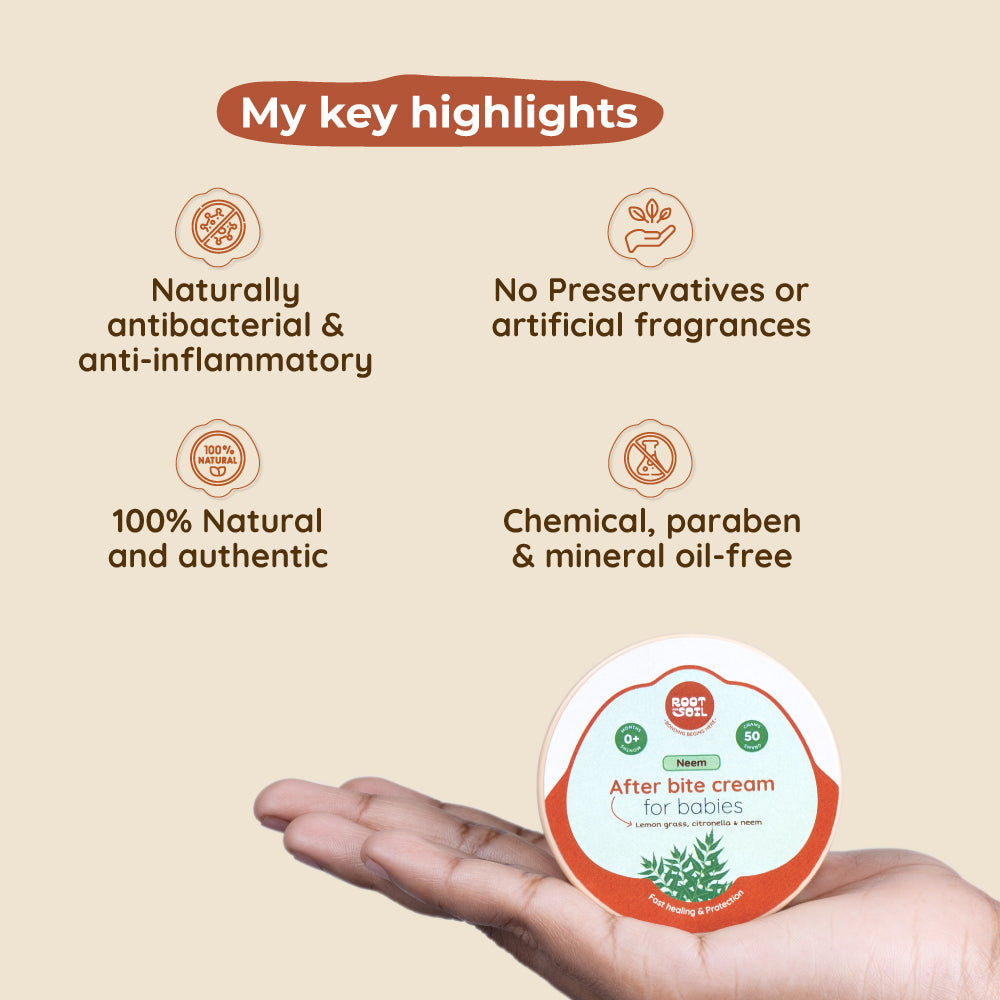 Hand holding a container of after-bite cream with key highlights listed on a beige background