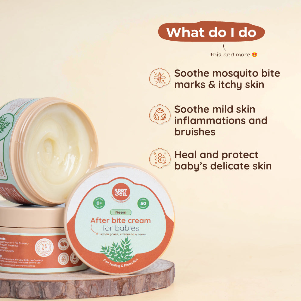 After-bite cream for babies with product packaging and usage benefits on a light background