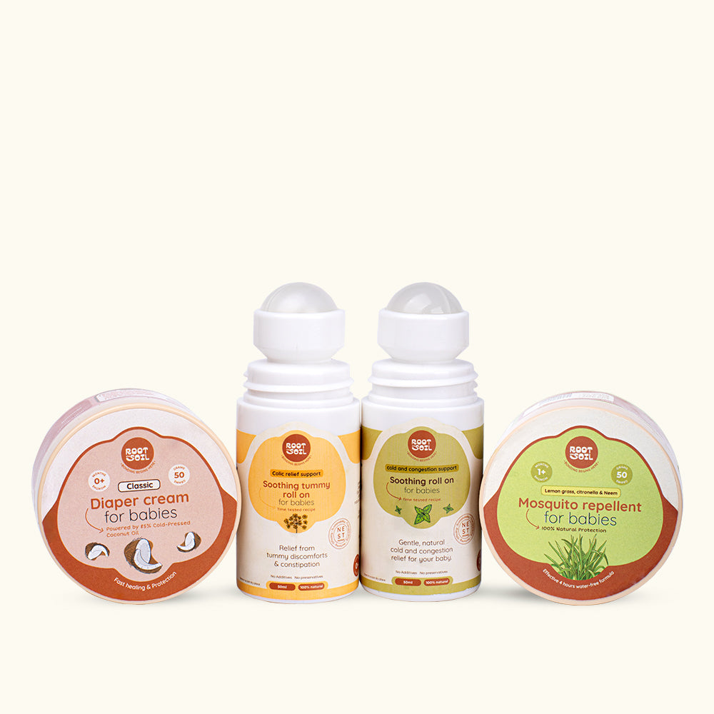 Baby All Round Protection Combo - Diaper rash balm classic 50g + Mosquito repellent 50g + Calm and comforting roll on + Colic relief roll on