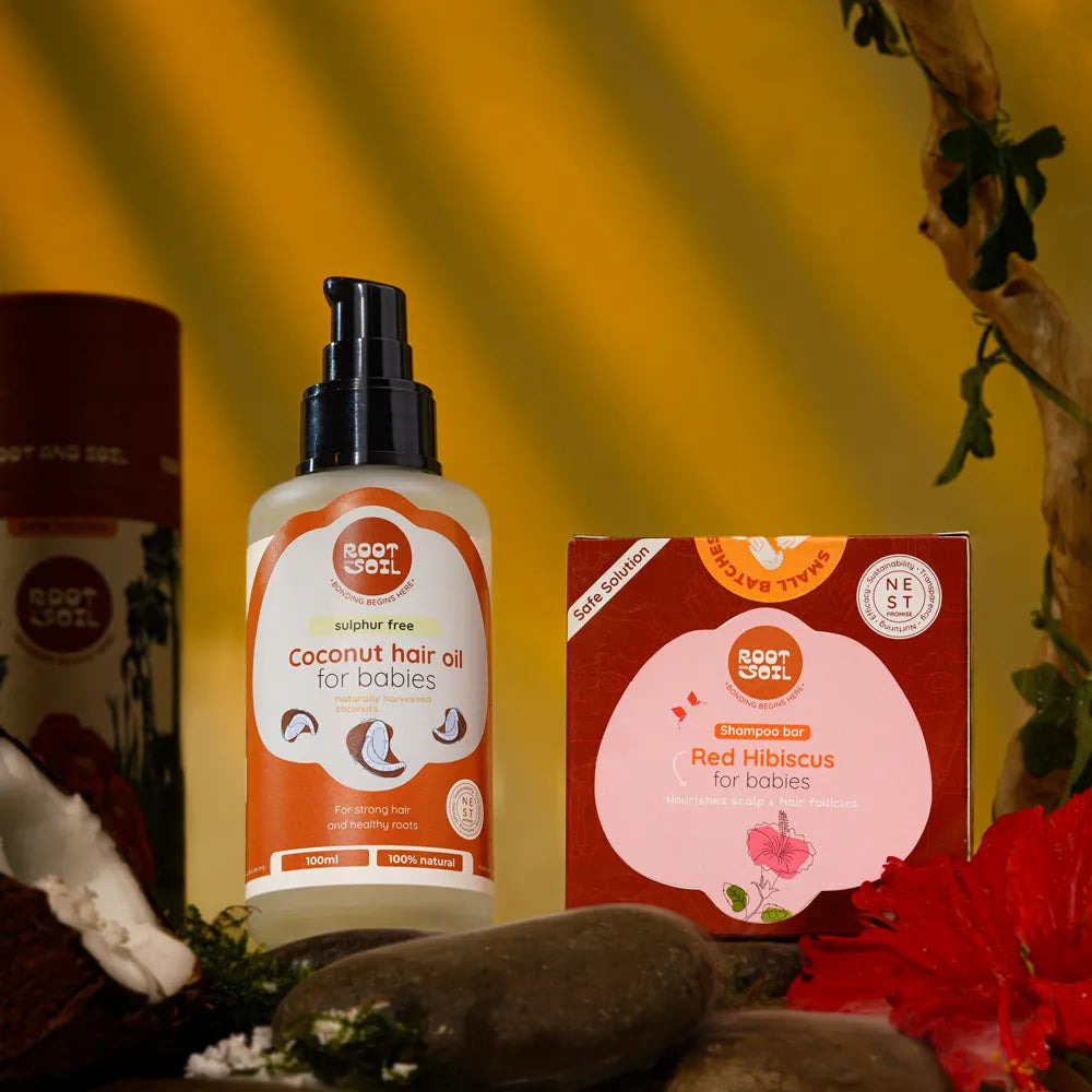 Baby Hair care combo - Coconut hair oil for babies 100ml + Red Hibiscus shampoo bar 100g
