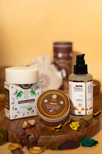 Baby Dry Skin Combo : Coconut milk massage oil Classic- 100ml +  Tender coconut absolute bathing bar + Body butter Saffron 50 g