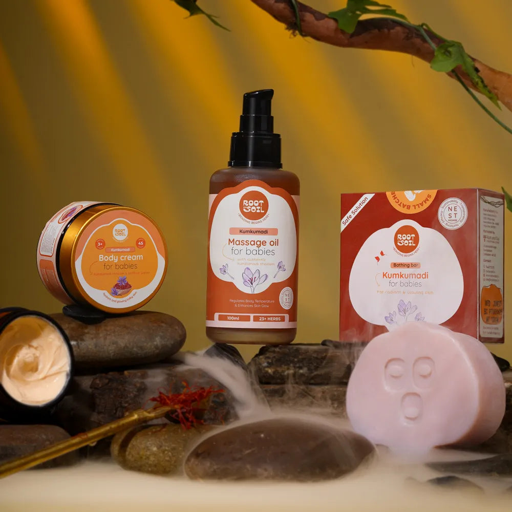 Baby skin glow / Kumkumadi combo - Kumkumadi Massage oil 100 ml + Kumkumadi Absolute bathing bar 100 g + Kumkumadi Body cream 45 g