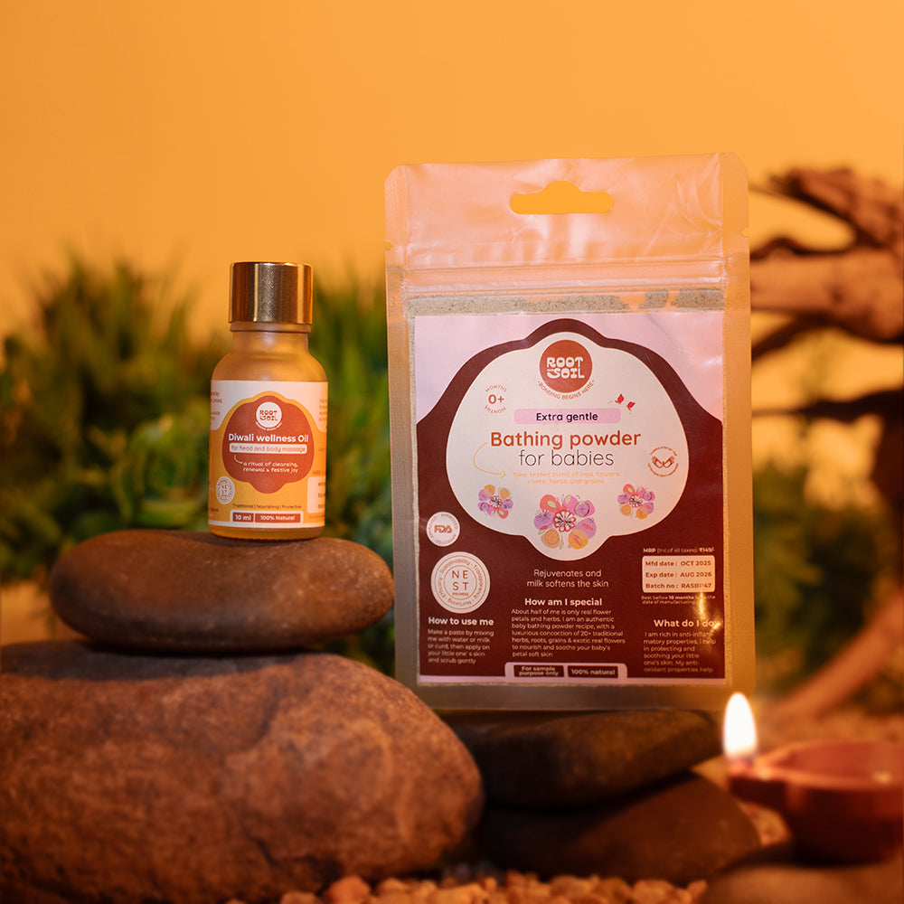 Root and Soil Diwali Wellness Combo – Sesame Oil 10ml & Baby Bathing Powder 15g | Traditional Herbal Care for Babies & Families