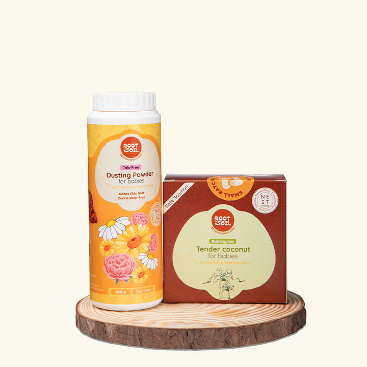 Baby Oily Skin Combo - Tender Coconut Absolute Bathing Bar 100g + Baby dusting Powder Damask Rose