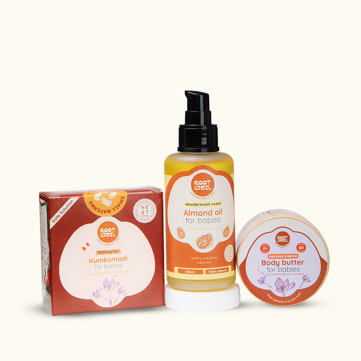 Baby Even Skin Tone Combo - Almond oil 100ml + Kumkumadi bathing bar 100g + Body butter saffron 50g