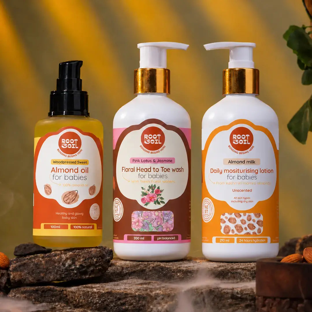 ROOT and SOIL | Baby’s 3-Step Care Combo – Almond Oil, Head-to-Toe Wash & Lotion