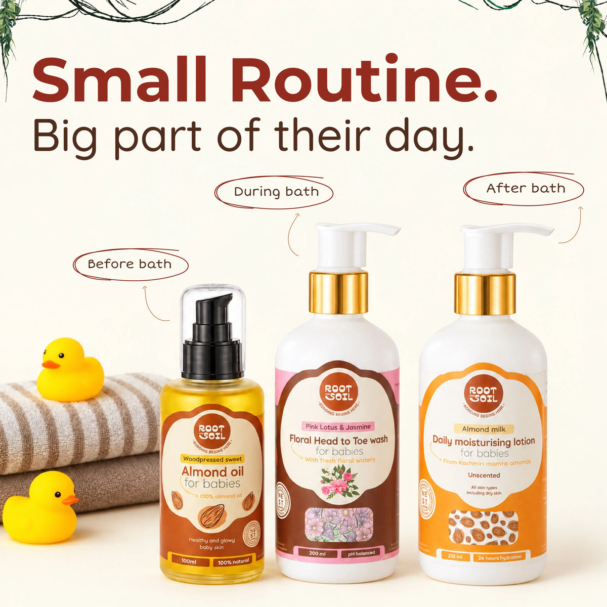ROOT and SOIL | Baby’s 3-Step Care Combo – Almond Oil, Head-to-Toe Wash & Lotion