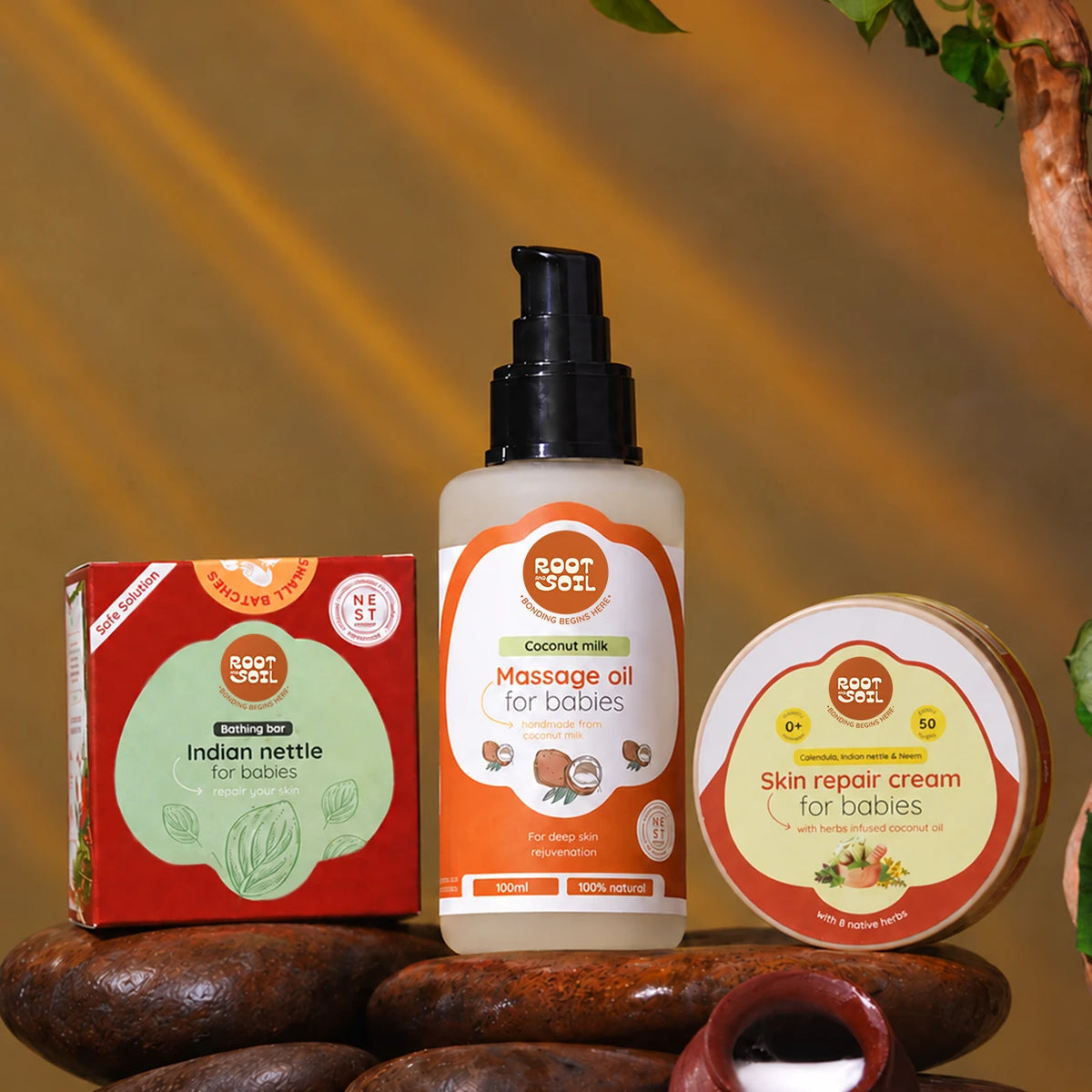 Baby Skin Repair Combo (Coconut Massage Oil Classic 100ml + Indian Nettle Bathing Bar 100g + Skin Repair Cream 50g)