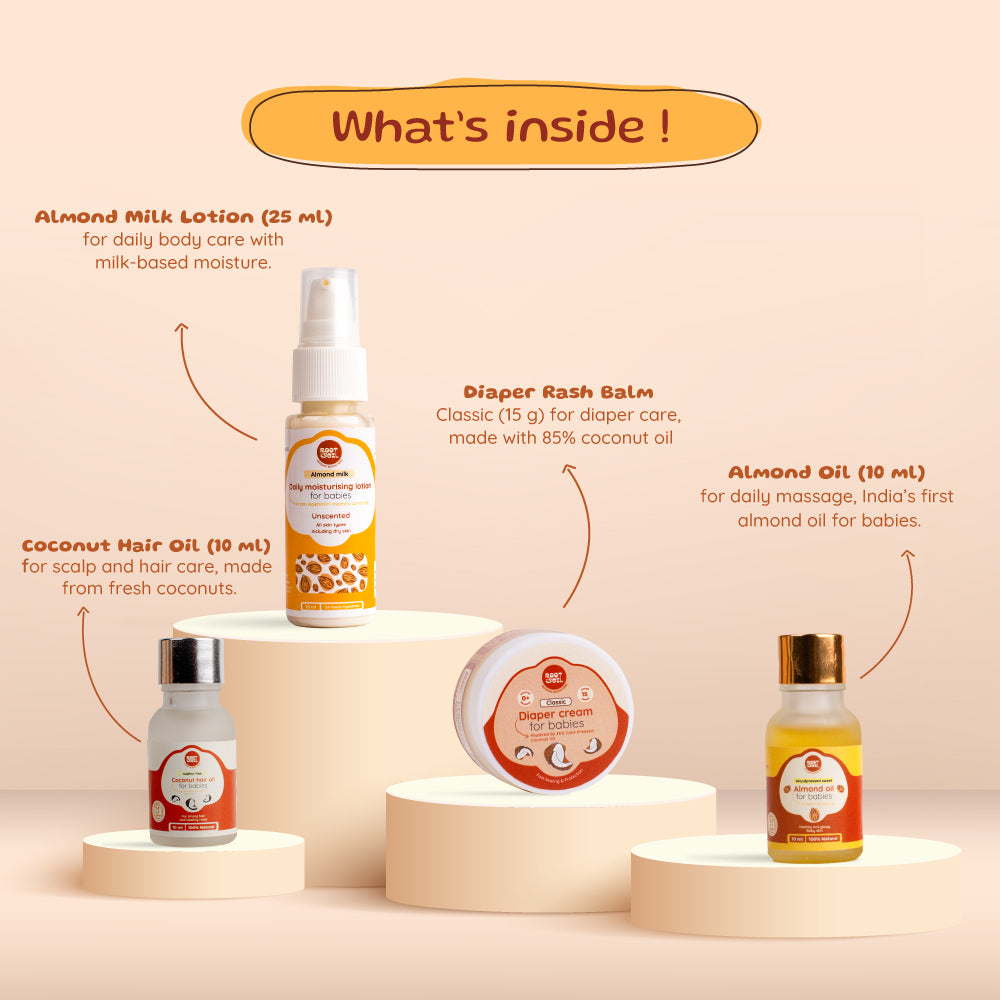 Root and Soil First Touch Baby Gift Box for Newborn | Almond Oil, Coconut Hair Oil, Almond Milk Lotion & Diaper Rash Balm | Baby Shower Gift Set