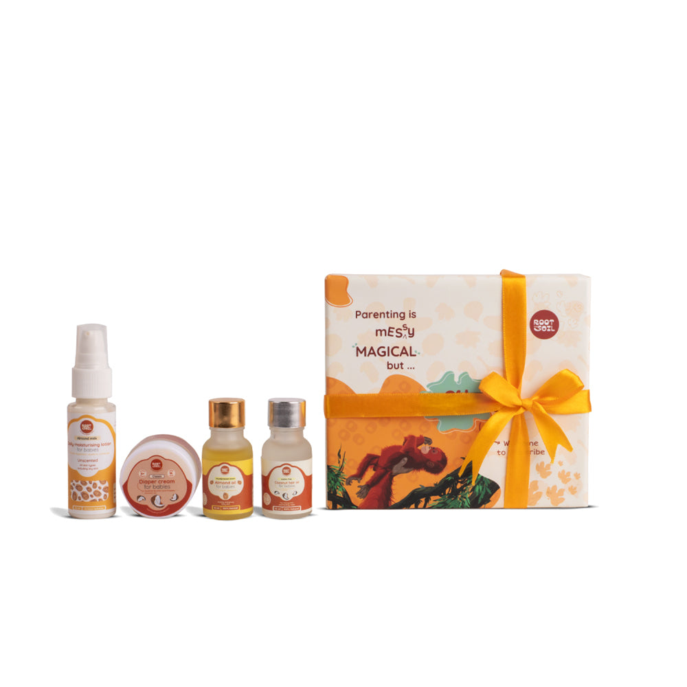 Root and Soil First Touch Baby Gift Box for Newborn | Almond Oil, Coconut Hair Oil, Almond Milk Lotion & Diaper Rash Balm | Baby Shower Gift Set