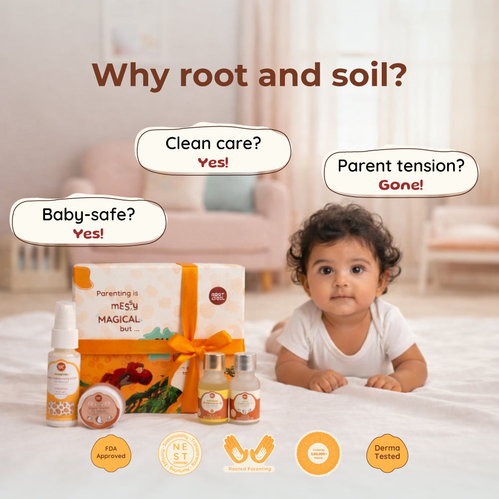 Root and Soil First Touch Baby Gift Box for Newborn | Almond Oil, Coconut Hair Oil, Almond Milk Lotion & Diaper Rash Balm | Baby Shower Gift Set