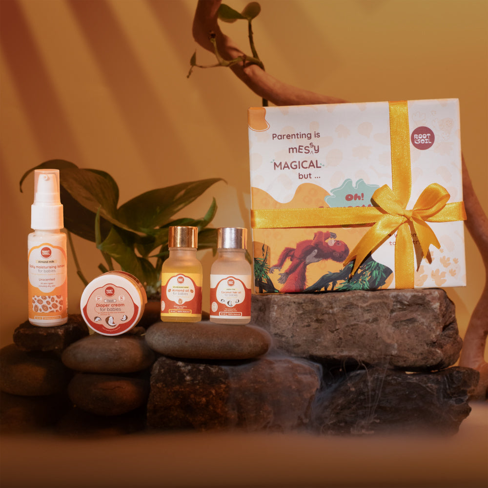Root and Soil First Touch Baby Gift Box for Newborn | Almond Oil, Coconut Hair Oil, Almond Milk Lotion & Diaper Rash Balm | Baby Shower Gift Set