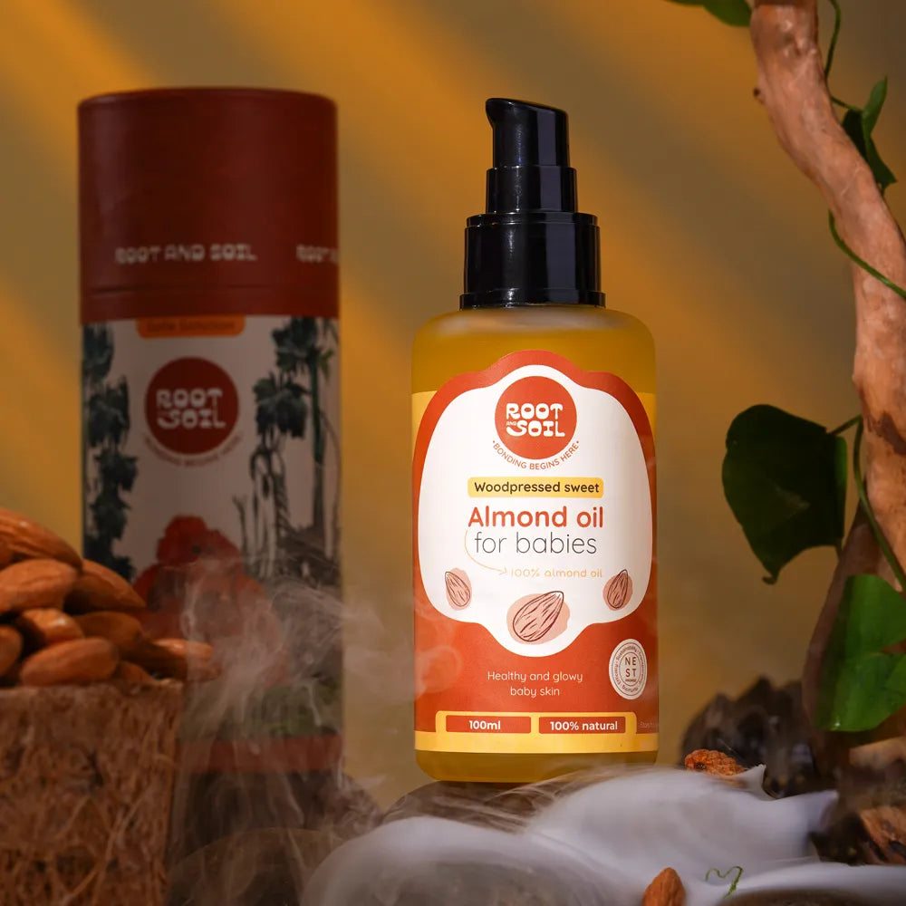 Root and Soil Wood-Pressed Sweet Almond Oil 100ml – pure baby oil for skin and hair