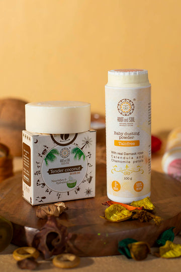 Baby Oily Skin Combo  - Tender Coconut Absolute Bathing Bar 100g + Baby dusting Powder Damask Rose