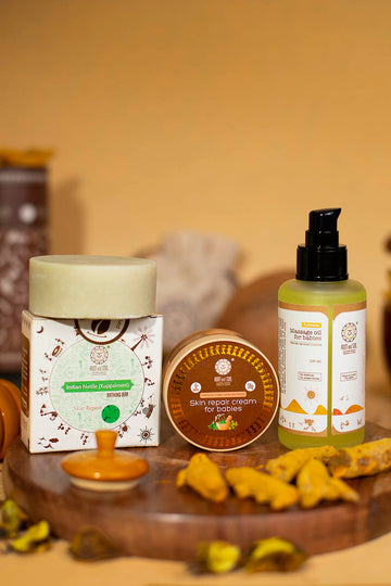 Baby Skin Repair Combo - Massage oil turmeric 100ml + Indian nettle bathing bar 100g + Skin repair cream 50g