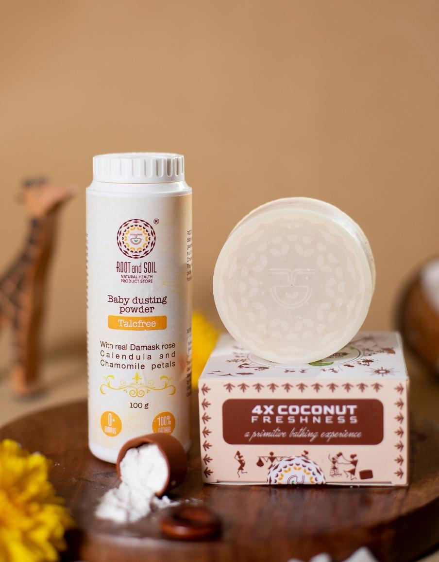 Baby Oily Skin Combo  - Tender Coconut Absolute Bathing Bar 100g + Baby dusting Powder Damask Rose
